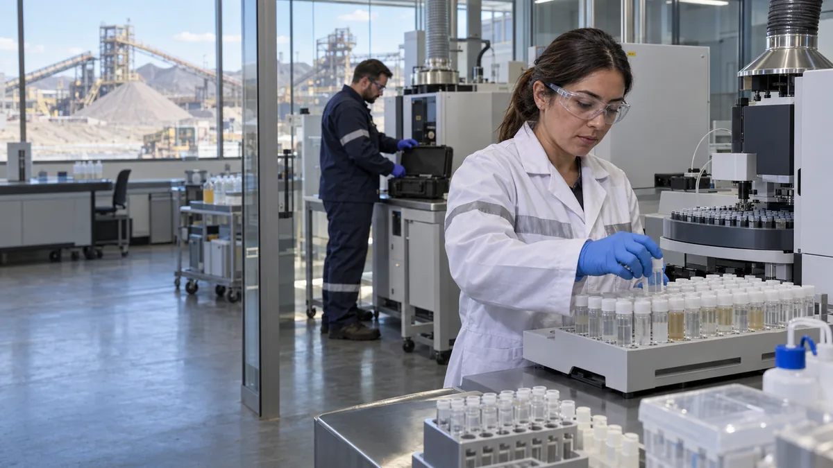 Laboratory professional independently verifying a pulverised-sample screen check before CAPA closure in a mining laboratory.