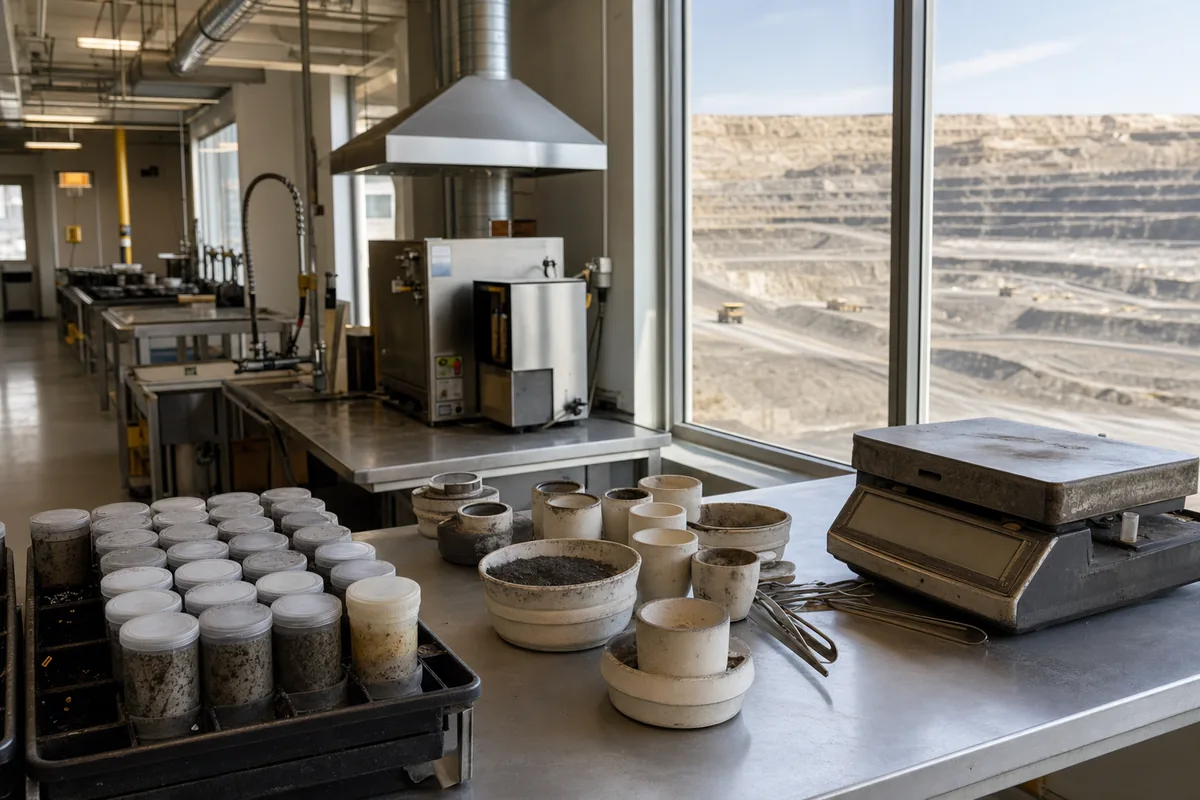 Mining laboratory analyst reviewing gold assay data with sample containers and a mine operation visible in the background, representing the link between laboratory QA/QC and financial inventory.