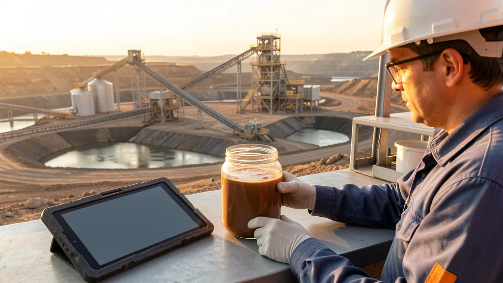 Technician reviewing a gold tailings slurry sample at a controlled mining processing facility
