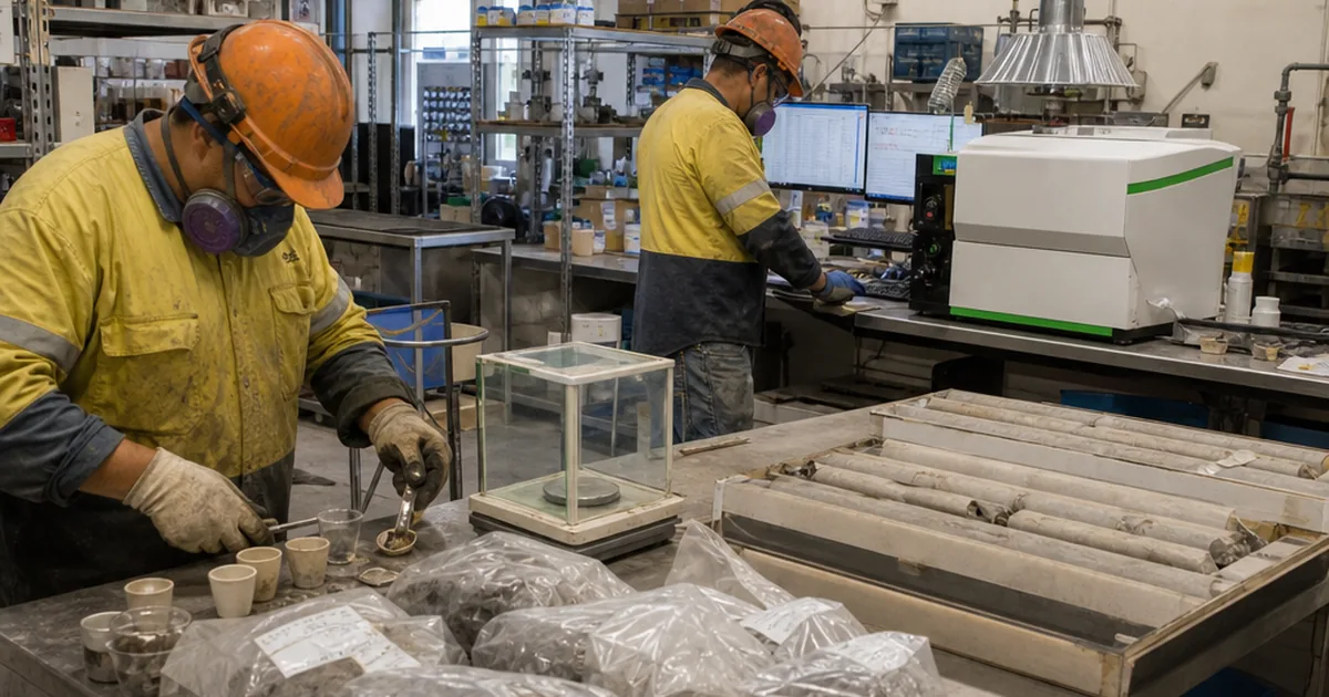 Mining laboratory personnel processing sample bags and core trays under operational pressure, representing sample surges, QA/QC control, traceability and turnaround visibility.