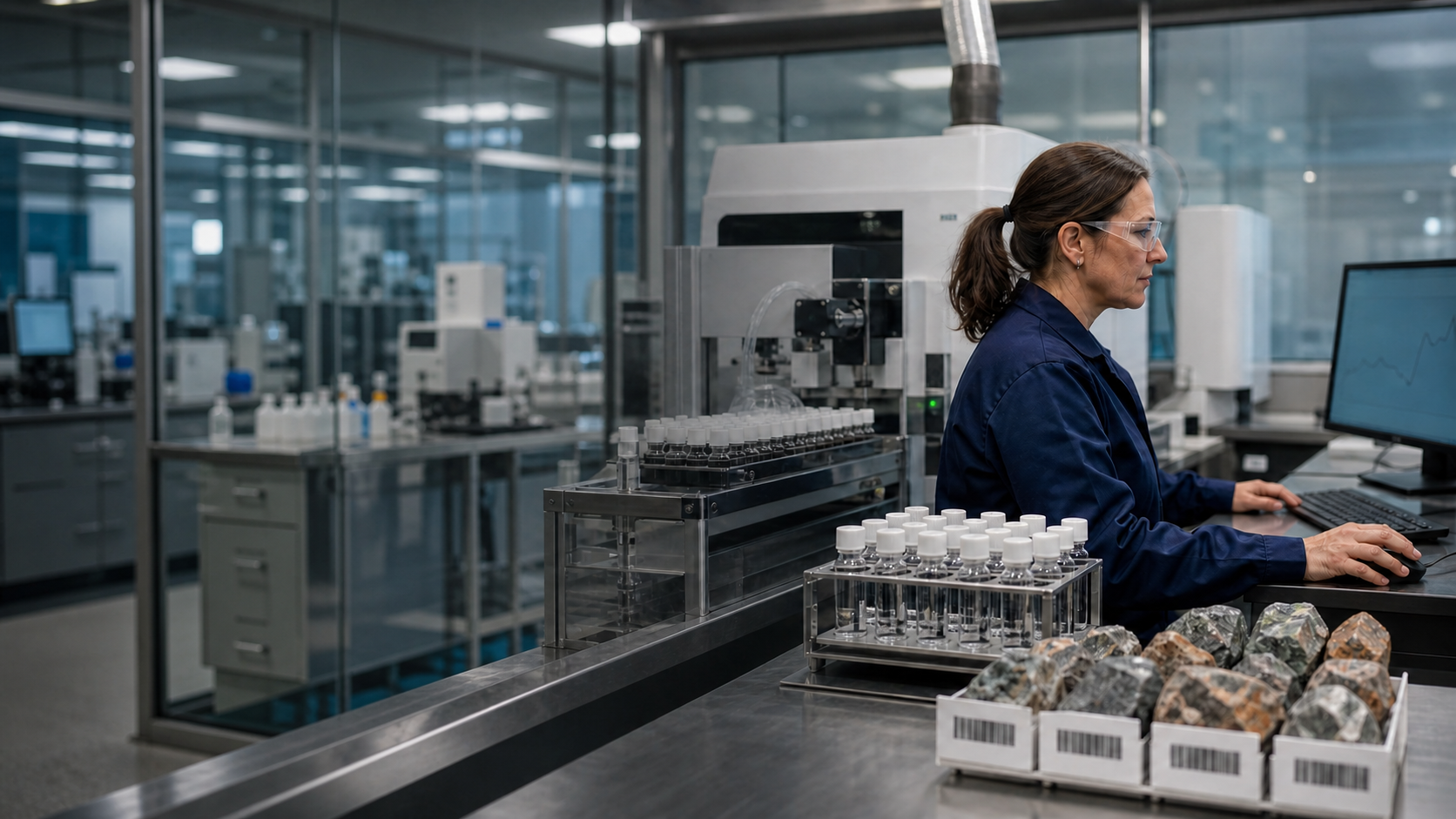 Connected OnLIMS mining laboratory workflow from sample registration and instrument capture to QA/QC, reporting and stakeholder access.