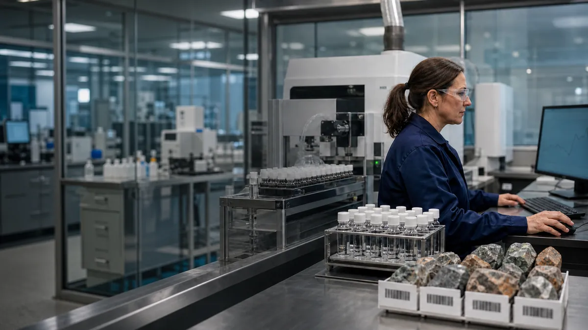 Connected OnLIMS mining laboratory workflow from sample registration and instrument capture to QA/QC, reporting and stakeholder access.